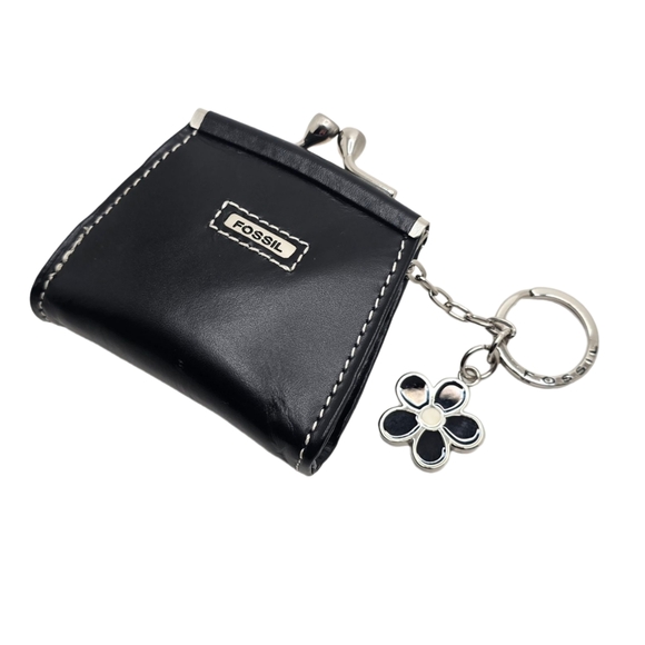 Fossil Accessories - Vintage Fossil Mini Black Leather Coin Purse Kisslock Daisy Charm